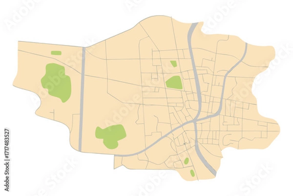 Fototapeta Beige city map with green park areas and a river cream map of