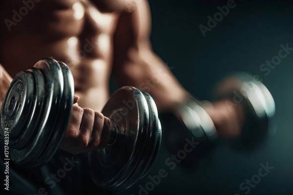 Fototapeta Realistic Close-Up of Muscular Arms Lifting Dumbbell in Gym