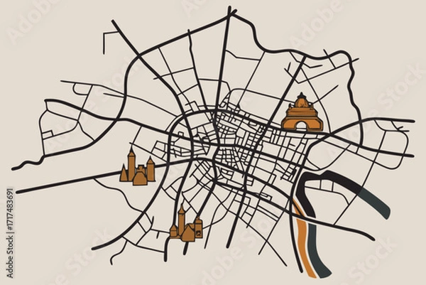 Fototapeta Stylized City Map with Landmark Illustrations navigation location map of