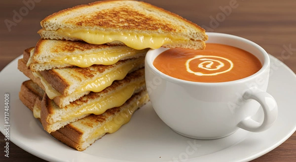 Fototapeta Gourmet grilled cheese triangles stacked neatly with a small cup of tomato soup
