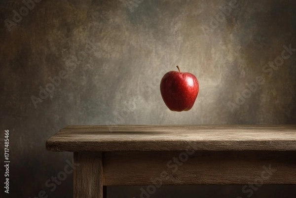 Fototapeta apple levitating above table with soft shadow, dreamy surreal stock photography