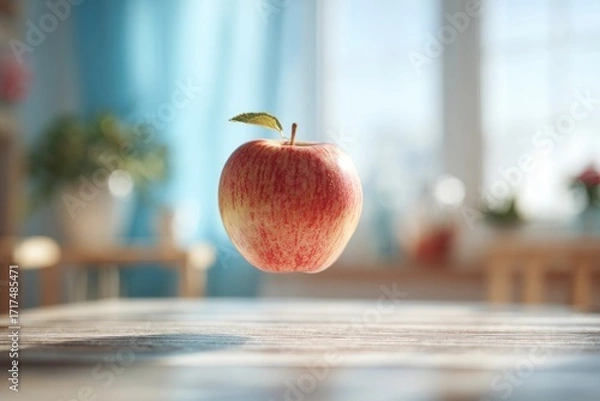 Fototapeta apple levitating above table with soft shadow, dreamy surreal stock photography