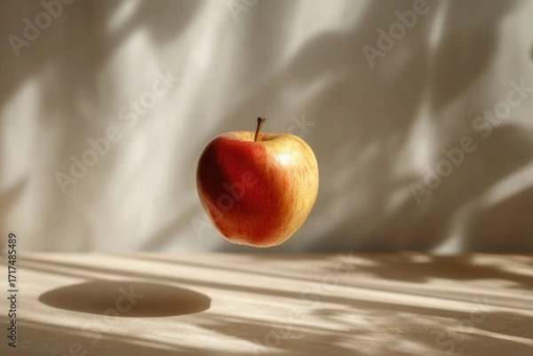 Fototapeta apple levitating above table with soft shadow, dreamy surreal stock photography