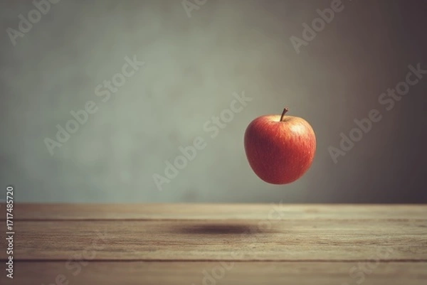 Fototapeta apple levitating above table with soft shadow, dreamy surreal stock photography