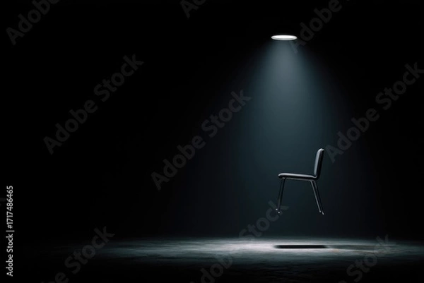 Fototapeta black chair floating in void, lit by single spotlight, surreal minimal clean stock style