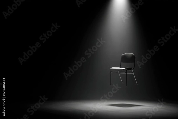 Fototapeta black chair floating in void, lit by single spotlight, surreal minimal clean stock style