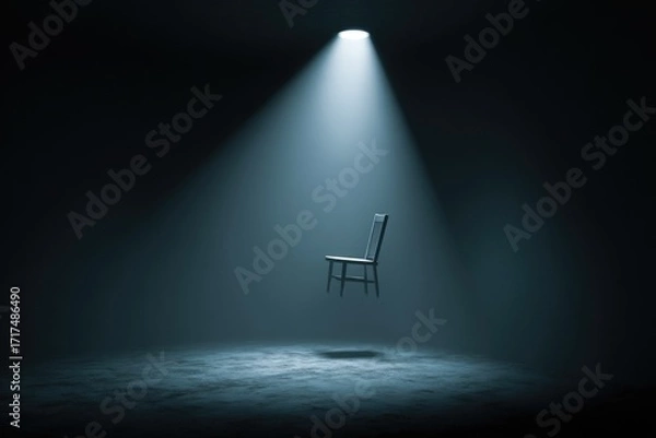 Fototapeta black chair floating in void, lit by single spotlight, surreal minimal clean stock style