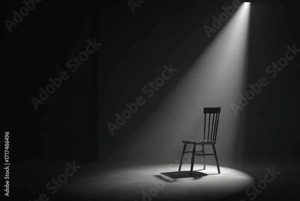 Fototapeta black chair floating in void, lit by single spotlight, surreal minimal clean stock style