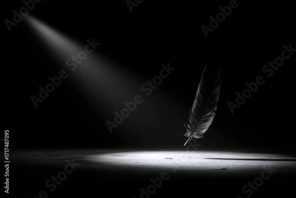 Fototapeta black feather floating in spotlight on dark background, surreal minimal clean stock photo