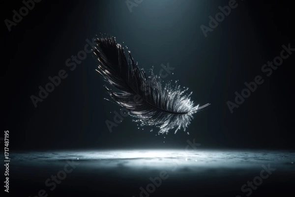 Fototapeta black feather floating in spotlight on dark background, surreal minimal clean stock photo