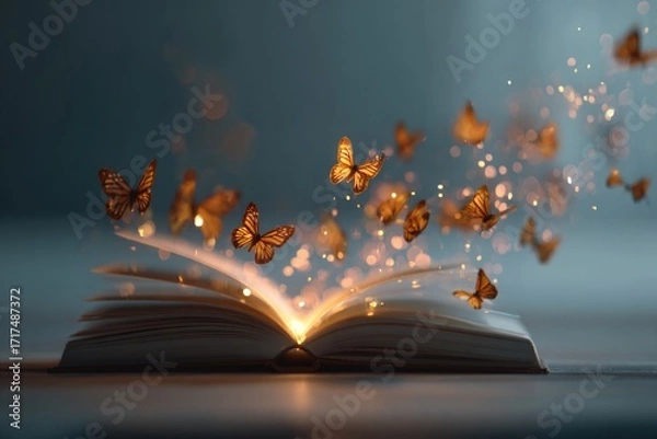 Fototapeta book opening with glowing butterflies flying out, bright surreal minimal stock composition
