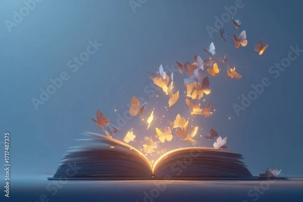 Fototapeta book opening with glowing butterflies flying out, bright surreal minimal stock composition