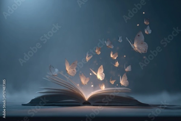 Fototapeta book opening with glowing butterflies flying out, bright surreal minimal stock composition