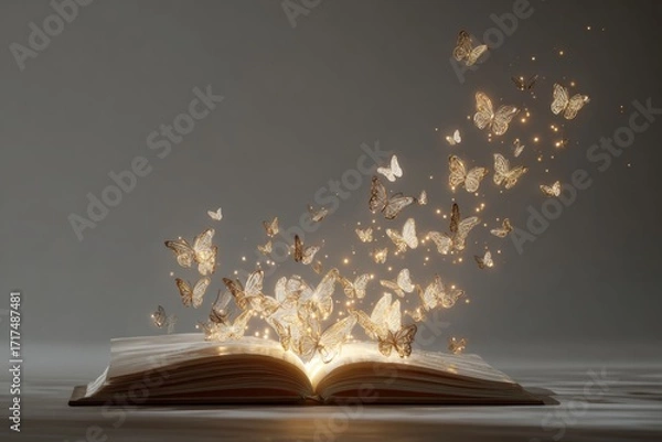 Fototapeta book opening with glowing butterflies flying out, bright surreal minimal stock composition