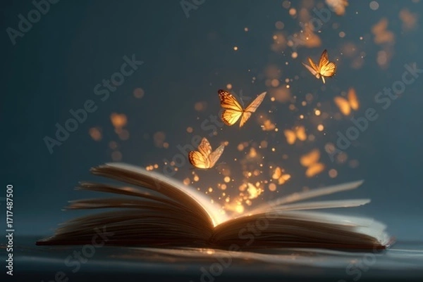 Fototapeta book opening with glowing butterflies flying out, bright surreal minimal stock composition