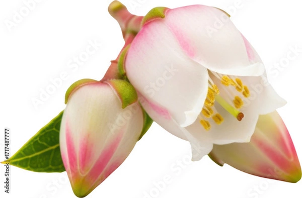 Fototapeta Delicate pink blueberry flowers bloom up close against a dark void