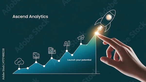 Fototapeta Hand Touching Rocket Launching from Growth Chart – Business Success, Analytics, and Performance Growth

