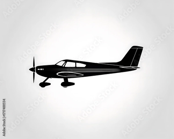 Fototapeta Silhouette of a high wing single engine airplane in solid black, side view right, on white background. Clean and minimal, logo icon vector illustration.