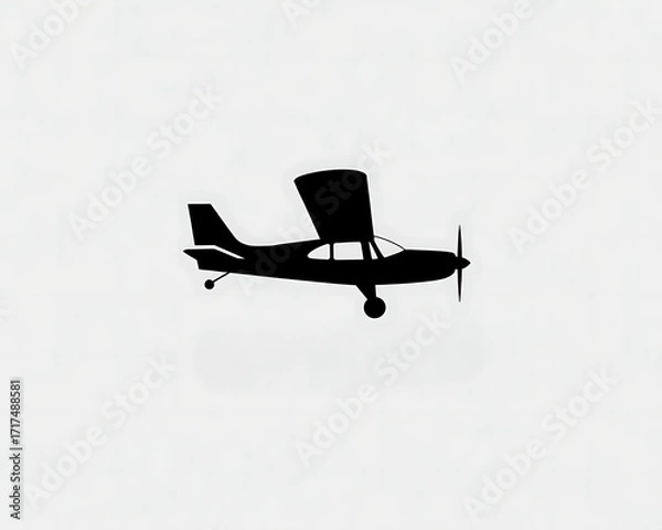 Fototapeta Silhouette of a high wing single engine airplane in solid black, side view right, on white background. Clean and minimal, logo icon vector illustration.