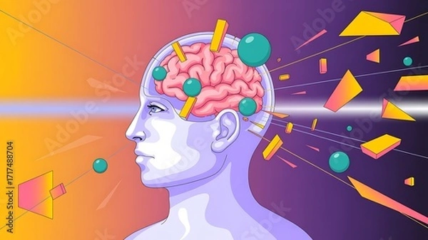 Fototapeta Human Head with Brain and Floating Shapes – Creativity, Innovation, and Mental Activity Concept

