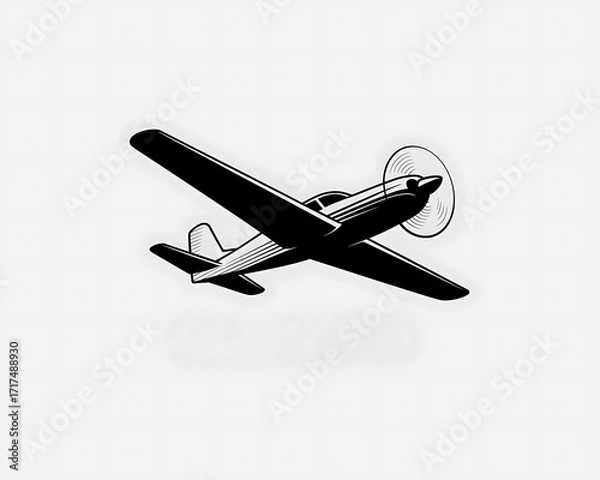 Fototapeta Silhouette of a high wing single engine airplane in solid black, side view right, on white background. Clean and minimal, logo icon vector illustration.