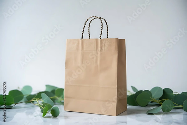 Fototapeta A light brown paper shopping bag with rope handles on white and framed by soft green leaves ,clean ecofriendly product shot.