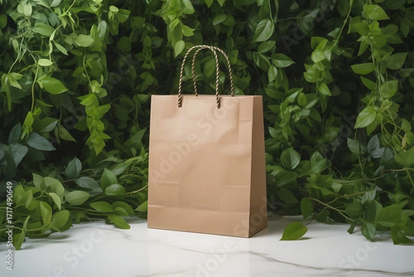 Fototapeta A light brown paper shopping bag with rope handles on white and framed by soft green leaves ,clean ecofriendly product shot.