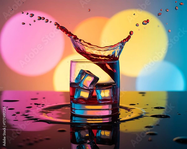 Fototapeta A close up photograph of a glass filled with a vibrant red liquid and ice cubes on bar background.