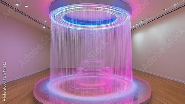 Obraz Circular, cascading water art installation.  Pink, purple, and blue light
