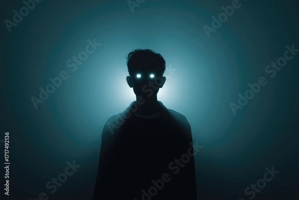 Fototapeta dark silhouette of person with glowing eyes, minimal surreal concept, clean stock composition