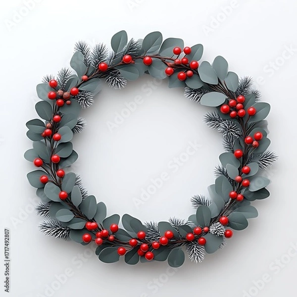 Obraz Circular Christmas wreath, grey foliage, red berries