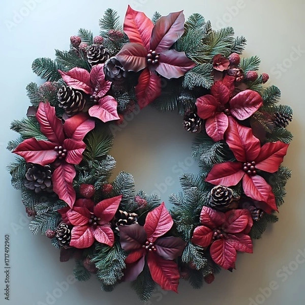 Obraz Circular Christmas wreath with deep red and burgundy poinsettias, pine boughs, and pinecones