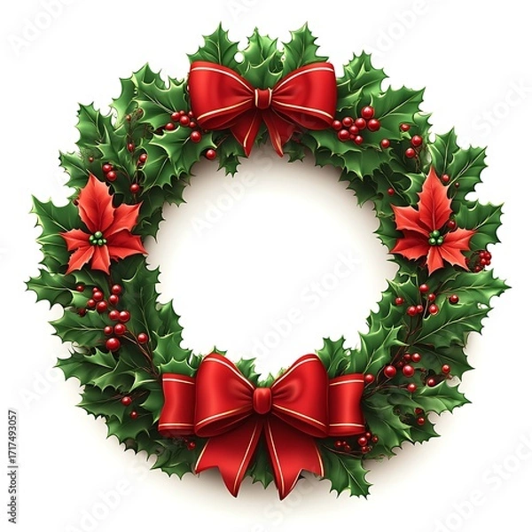 Obraz Circular Christmas wreath with holly, bows, and poinsettias