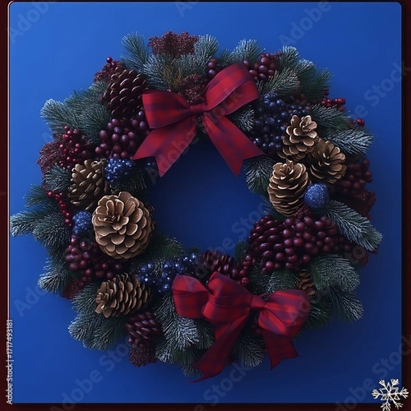 Obraz Circular Christmas wreath with pine cones, berries, and red bow