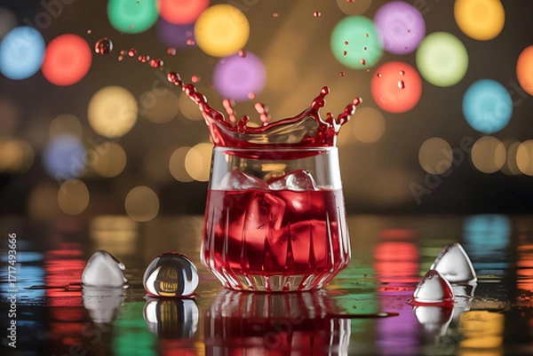 Fototapeta A close up photograph of a glass filled with a vibrant red liquid and ice cubes on bar background.