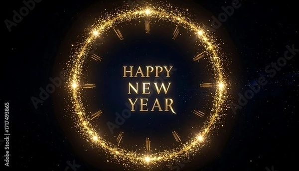 Obraz Circular clock face, gold, glittering, Happy New Year