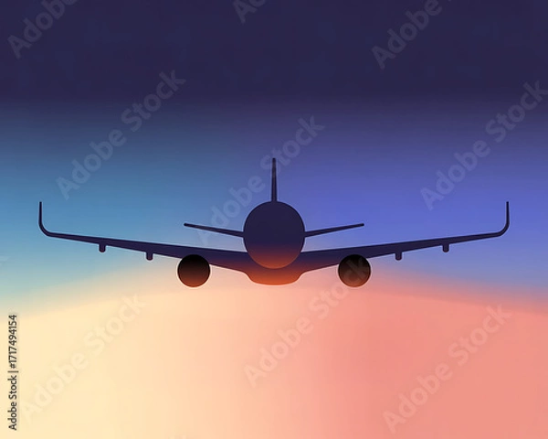 Fototapeta An unique black illustrator of a commercial airplane side view left to right on colorful background. Clean and minimal, centered graphic or logo icon of flight.