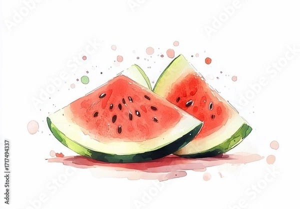 Fototapeta Watercolor illustration of two watermelon slices with seeds and juice splashes on a white background