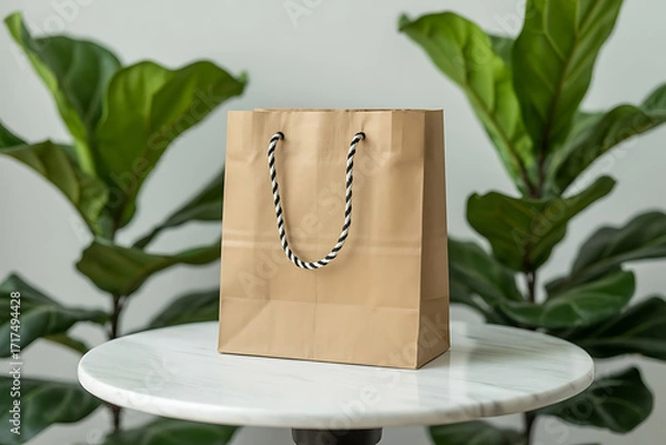 Fototapeta A light brown paper shopping bag with rope handles on white and framed by soft green leaves ,clean ecofriendly product shot.
