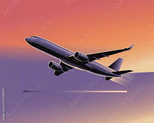 Fototapeta An unique black illustrator of a commercial airplane side view left to right on colorful background. Clean and minimal, centered graphic or logo icon of flight.