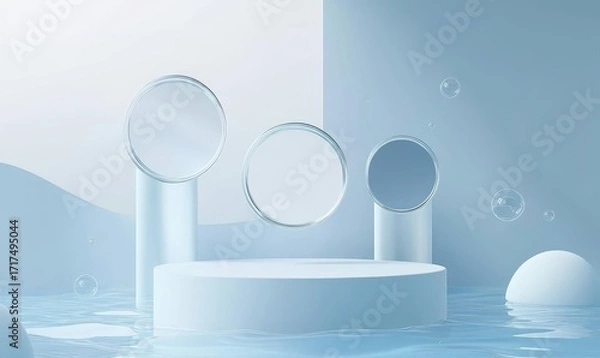 Fototapeta Minimalist white podium with circular mirrors in a serene, water-filled environment under soft blue lighting