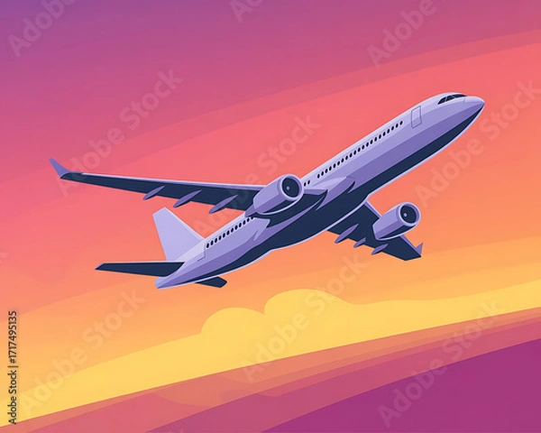 Fototapeta An unique illustrator of a commercial airplane side view left to right on colorful background. Clean and minimal, centered graphic or logo icon of flight.