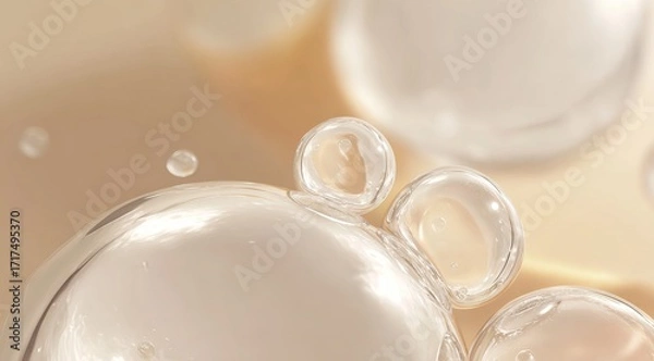 Fototapeta Close-up of transparent liquid droplets with reflective surfaces and soft lighting