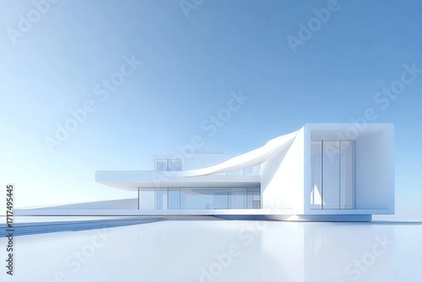 Fototapeta Modern white architectural structure with minimalist design under clear blue sky