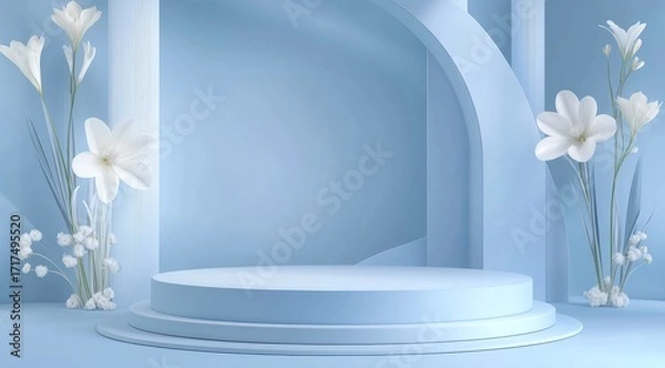 Fototapeta Minimalist blue podium with white flowers in a serene architectural setting