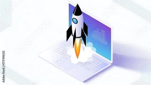 Fototapeta Rocket Launching from Laptop Screen – Digital Innovation and Business Startup Concept

