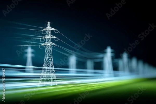 Fototapeta High-voltage power transmission towers with dynamic light trails at night