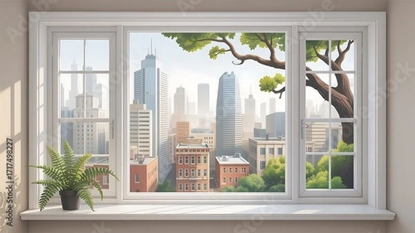 Fototapeta Window View of Modern Cityscape with Lush Greenery and Indoor Potted Plant

