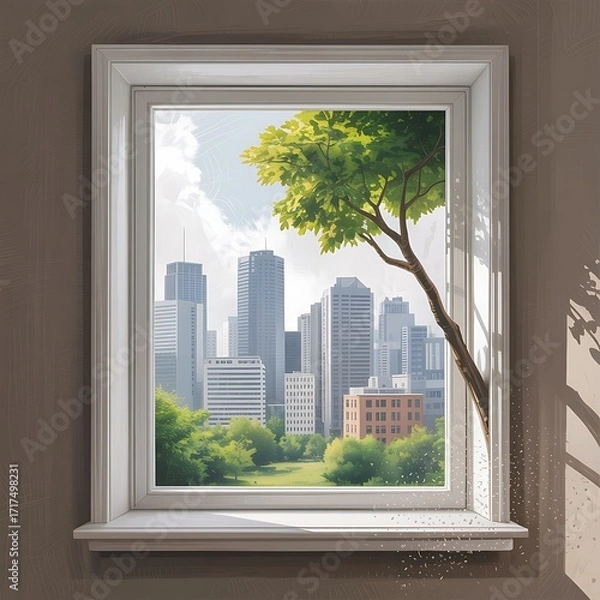 Fototapeta Framed Cityscape Through Window – Urban Skyline with Green Tree Branch and Natural Light

