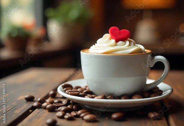 Fototapeta An unique and realistic still life of a steaming latte with heart art in a white cup on saucer, red sweet love  bar  coffee beans on warm wood, with beautiful background 